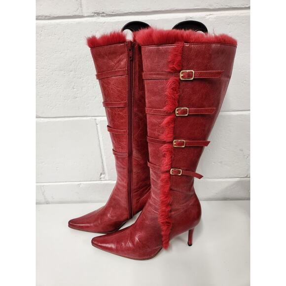 Vintage Beston Women's Red High Heels Tall Boots, Sz 7. Buckle/Rabbit Fur Accent - Picture 2 of 14